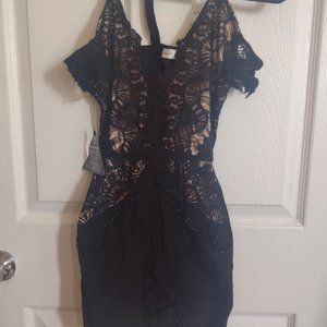 Rare London Off Shoulder Mini Bodycon Dress In Scallop Lace